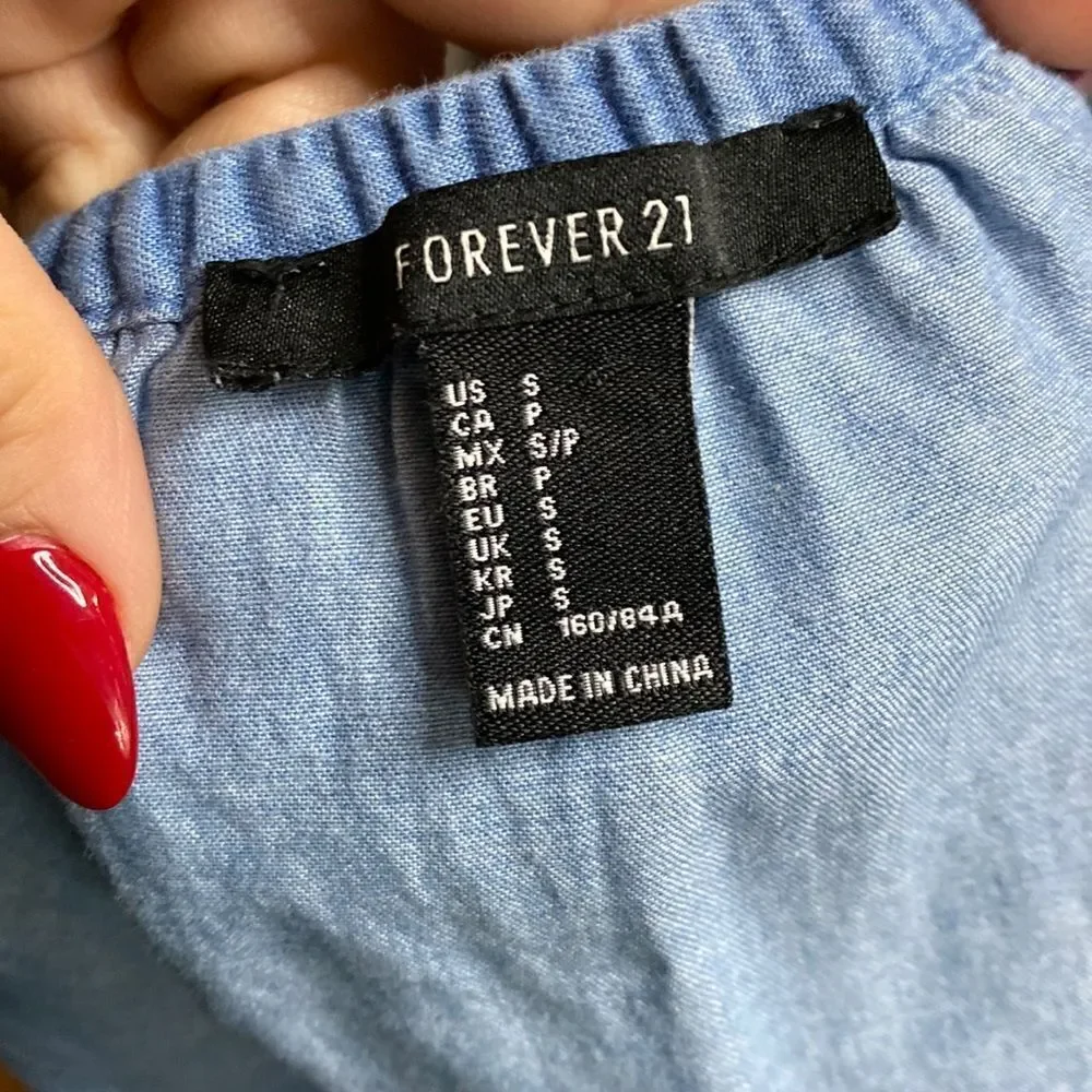 Forever 21 Off Shoulder Blouse White Floral Embroidery Chambray Denim Top